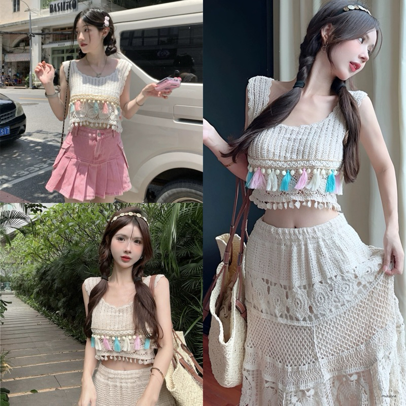 เสื้อสายเดี่ยวถักไหมพรมสไตล์โบฮีเมียน เสื้อครอปลูกไม้