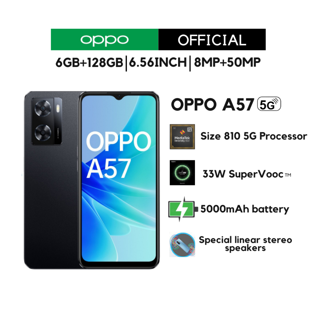 OPPO A57 (6+128) | โทรศัพท์มือถือ แบต 5,000mAh ชาร์จไว 33W รับประกันสินค้า 36 เดือน