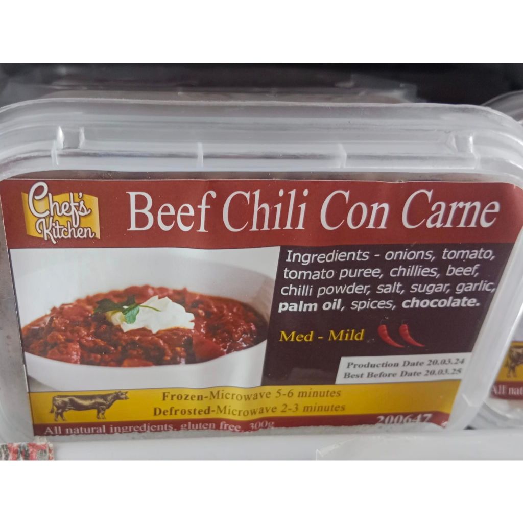 CHEF'S KITCHEN Homemade Beef Chilli / Chili Con Carne * 4 PACK * INC. POLY BOX AND FROZEN GEL PACK / 300g x 5 = 1.5kg *