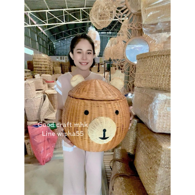 ตะกร้าหวายใส่ผ้าใส่ของเล่นของใช้ทั่วไปรูปทรงหัวหมี
