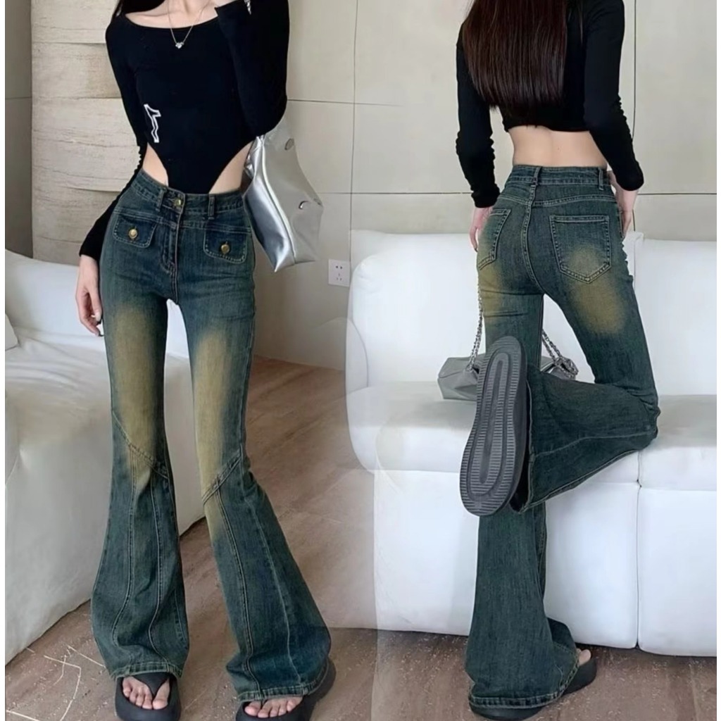 Swan shop กางเกงยีนส์ขาม้าเอวสูง  สีเฟดแต่งขาด  ผ้ายืดเอวสูง  มาใหม่พร้อมส่งค่ะ