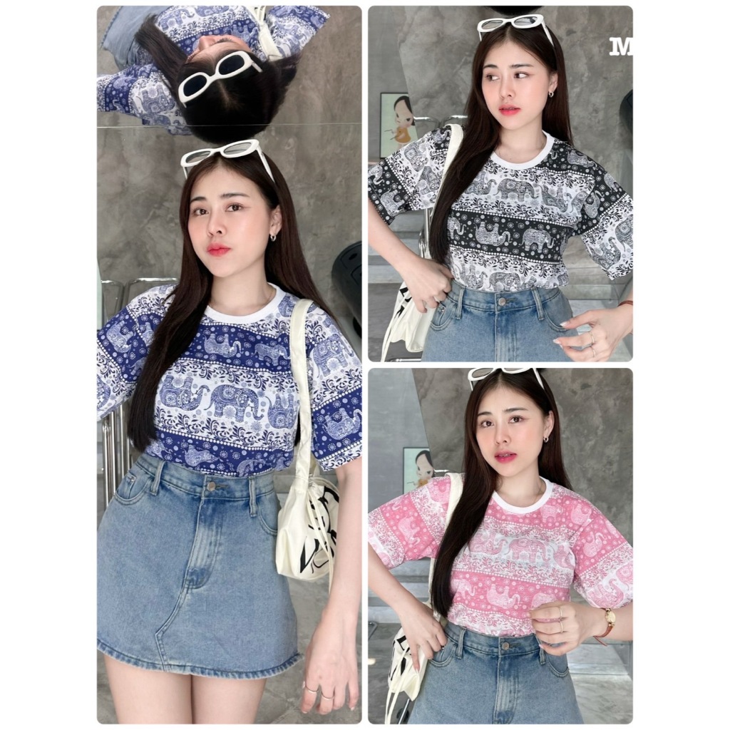Mask-shop เสื้อยืดคอตตอน ลายช้าง ใส่ได้ทั้ง ช-ญ มี3 ไซส์อก 36 40 44