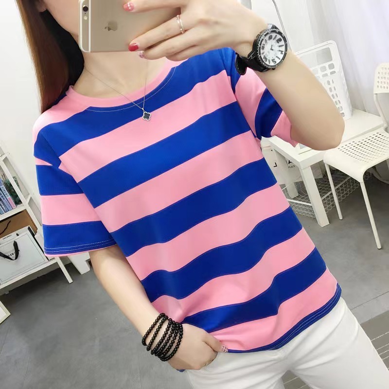977# เสื้อยืดแฟชั่นผู้หญิง เสื้อยืดคอกลม เสื้อยืดแขนสั้น ลายตรง