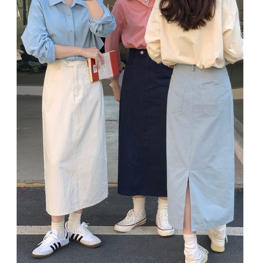 A sheep_shop พร้อมส่ง กระโปรงยีนส์ยาวปานกลางผ่าหลัง สำหรับฤดูร้อน แนวหวาน สไตล์เกาหลี รุ่นใหม่
