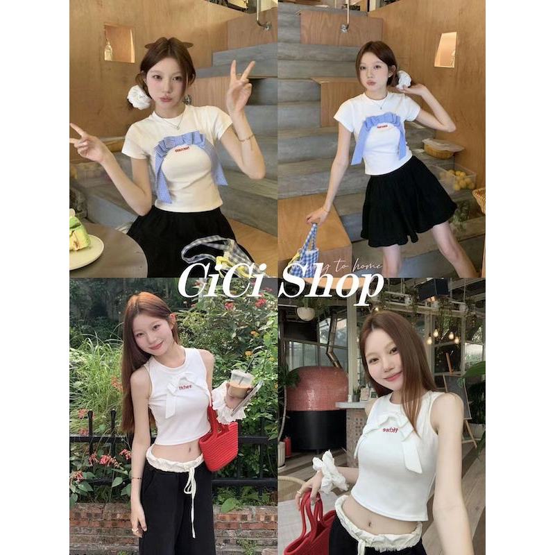 Cicishop(J1081/J1082)เสื้อครอปแขนกุด/แขนสั้น ผ้าเรยอนเข้ารูป แต่งโบว์ด้านหน้า สไตล์สาวเวียดนาม