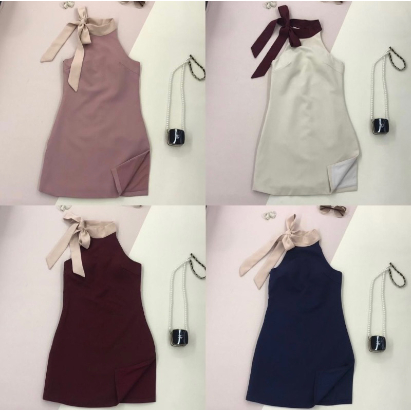 [LISA] A0309 ชุดเดรสกระโปรงคอเต่าเเขนกุดสายผูกโบว์ ใส่ออกงาน ใส่เที่ยว