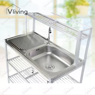 Vliving ซิ้งค์ล้างจาน อ่างล้างจาน สแตนเลส 3 ชั้น มีบน มีก๊อก 100cm สะดือตะกร้าใหญ่