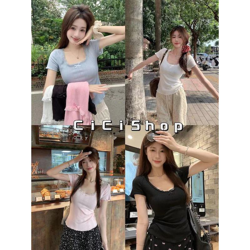 Cicishop(H93110)เสื้อแขนสั้นคอยู แต่งขอบลูกไม้ สไตล์มินิมอล ตะเร้กตะน้อย