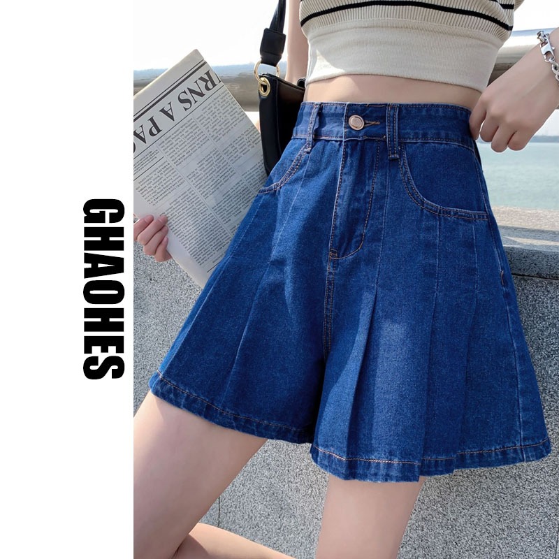 GHAOHES กางเกงยีนส์ขาสั้น สีน้ำเงินเข้ม เอวสูง พลีทจีบคลุมสะโพก ทรงเอ ขากว้าง กางเกงกระโปรงสำหรับสาว