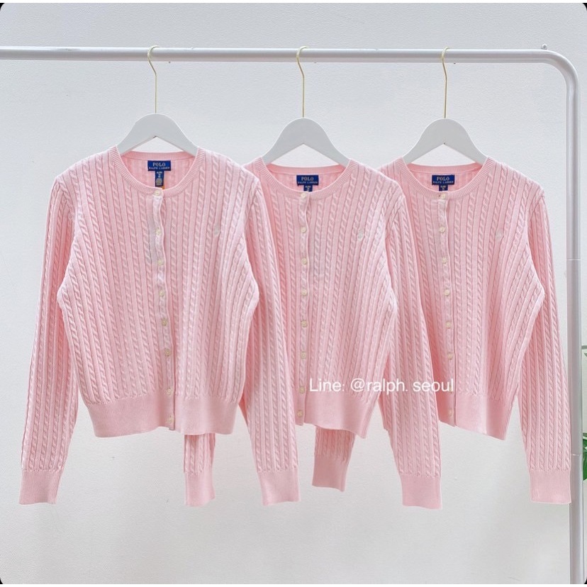 Ralph Lauren Mini-Cable Cotton Cardigan (Pink / White )