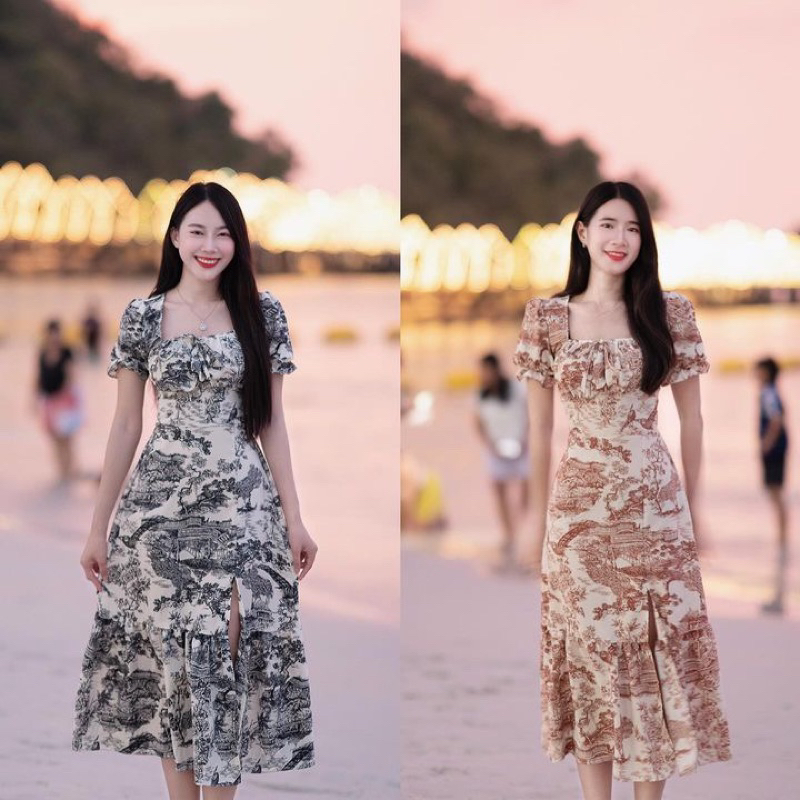 TANTANOD -รหัสFR1 ชุดเดรส แขนตุ๊กตาผูกโบวหน้า กระโปรงแหวก(ลายป่าไม้) รุ่นForest