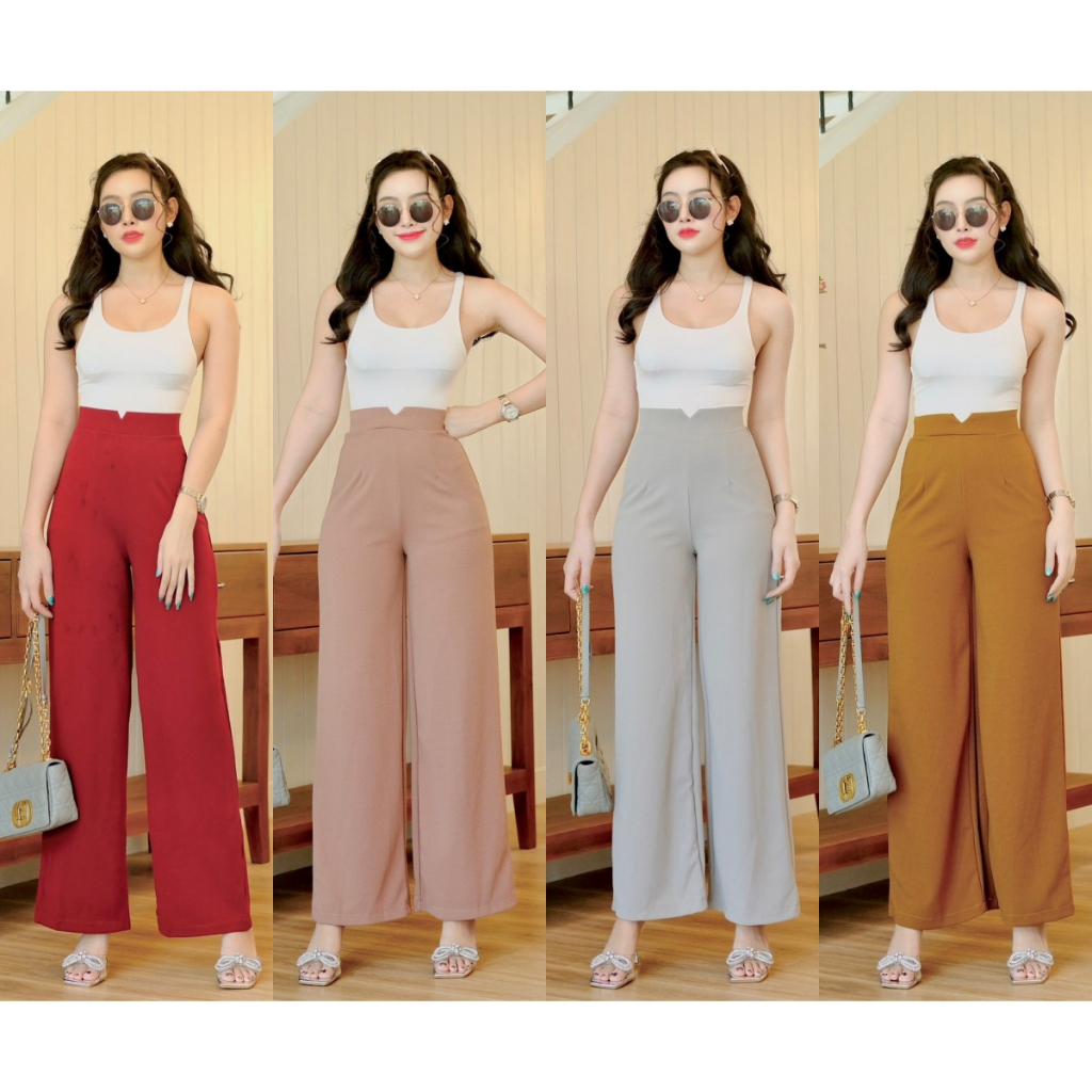 พร้อมส่ง กางเกงผ้าวูลเวฟขากระบอกใหญ่เอววี (A6,A7,A8,A26,A27,A28,A46,A47,A47,A66) M2897