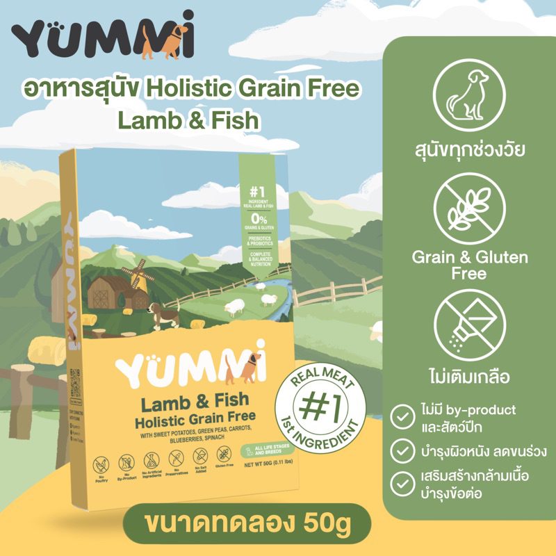 อาหารสุนัข Yummi สูตร Holistic grain free เนื้อแกะและเนื้อปลา สำหรับทุกช่วงวัย ขนาดทดลอง 50g