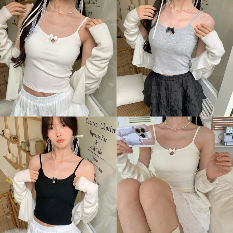 เสื้อสายเดี่ยว ครอป พร้อมส่งในไทย มีฟองน้ำในตัว ดีเทลลายมินิโบว์น่ารักสไตล์เวียดนาม แต่งตัวง่ายน่ารัก