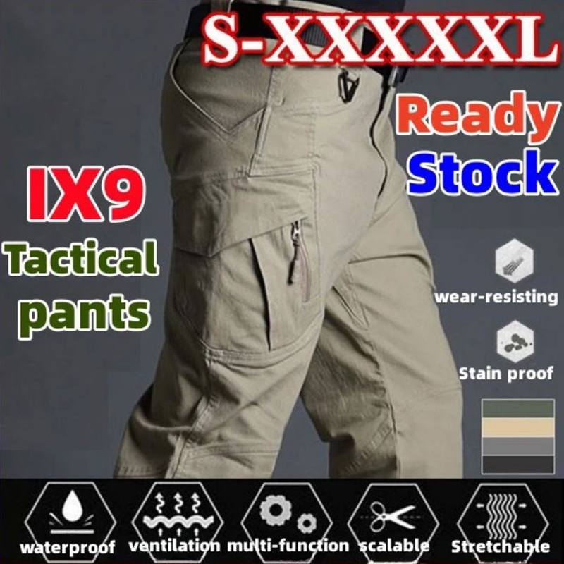IX9 กางเกงคาร์โก้ผู้ชายกลางแจ้งหลายกระเป๋า กางเกงยุทธวิธีกันน้ำและสวมใส่ได้ S-5XL