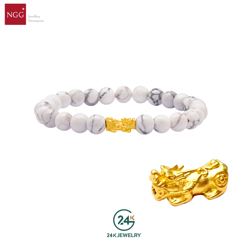 NGG 24K Jewelry Blessing Mini Pixiu ชาร์มปีเซียะ 99.9% หนัก 0.1 g พร้อมกำไลหินมงคล (มีใบรับประกัน)