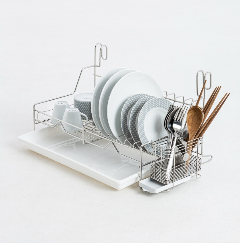 KOWA HOMEWARE DR009 ที่คว่ำจานสเตนเลสแบบแขวนแพคคู่กับตะแกรงใส่ช้อนส้อมมีถาดรองน้ำในเซ็ตไม่รวมราวแขวน