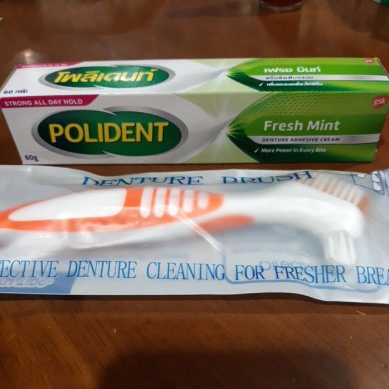 ครีมติดฟันปลอม POLIDENT Fresh Mint  60 กรัม แถมแปรงขัดฟันปลอม 1 อัน