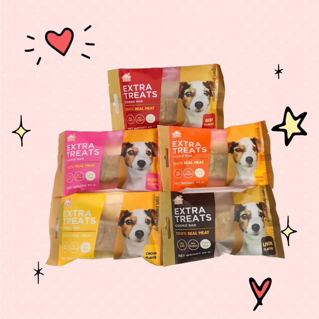 Extra Treats Cookie Bar เบคอน ตับ ไก่ หมู เนื้อ ขนมสุนัข 80 กรัม คุ้กกี้ ขนมขัดฟัน สุนัข
