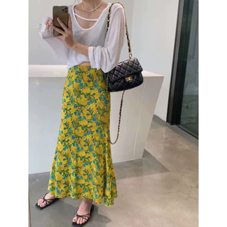 Cicishop(3020)กระโปรงยาวผ้าซาตินลายดอกไม้ เอวสม๊อคจั๊มหน้า ใส่สบายเรียบหรูลูกคุณหนูมาก