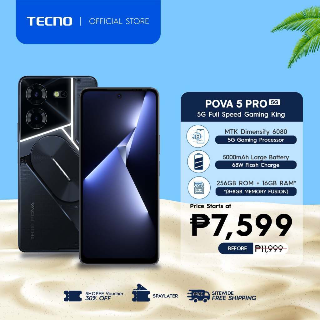 Tecno Pova 5 Mobile (8+128GB/8+256GB)กล้องหน้าและกล้องคู่ แบตเตอร์รี่ 6000 mAh สมาร์ทโฟน โทรศัพท์เกม