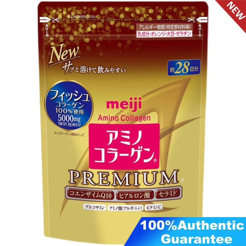 Meiji Amino Collagen Premium CoQ10 &amp; Rice Germ Extract เมจิ อะมิโน คอลลาเจน พรีเมี่ยม แบบรีฟิล สำหรับ 28วัน 196g.
