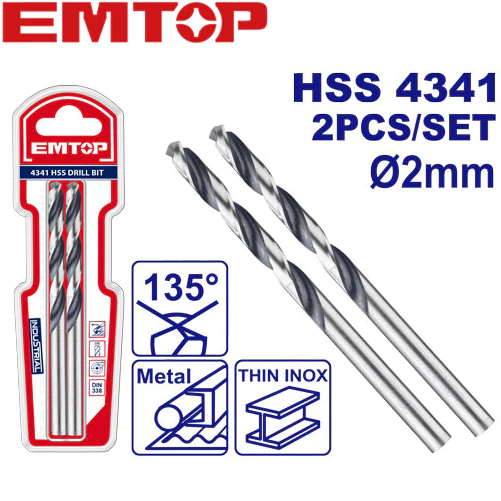 EMTOP ดอกสว่านเจาะเหล็ก HSS 4341 รุ่นงานหนัก ( 2-12 มม. ) แพ็คละ 2 ชิ้น ( HSS Twist Drill Bit ) *งานแท้ประกันคุณภาพ*