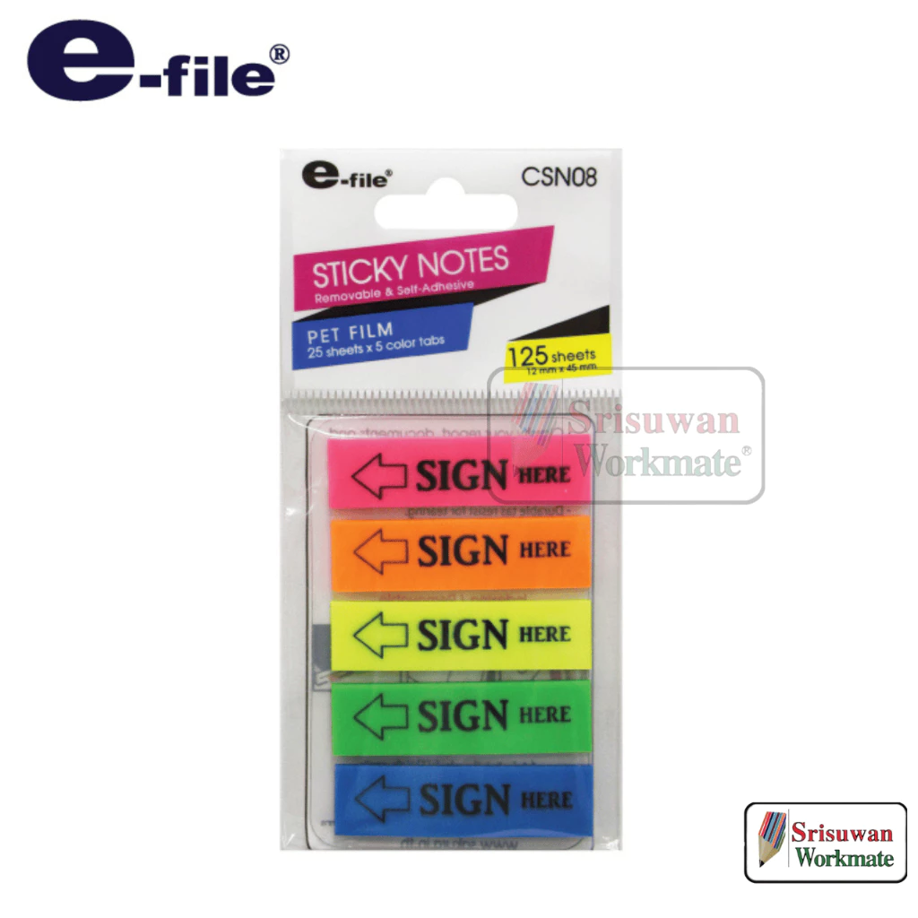 e-file CSN08 SIGN HERE อินเด็กซ์โน๊ต ข้อความ ลูกศร 5 สี นีออน อินเด็ก เนื้อพลาสติก Pet Film Neon ของแท้