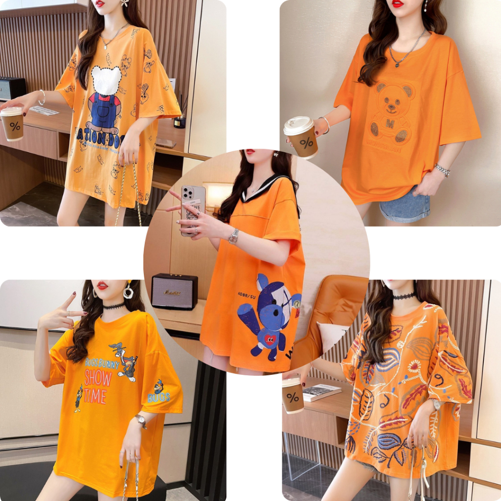เสื้อแขนสั้นโทนส้ม Fashion มีหลายลายให้เลือก Oversize ผ้าคอตตอล เนื้อผ้าดีไม่ร้อน สินค้าพร้อมส่ง A01