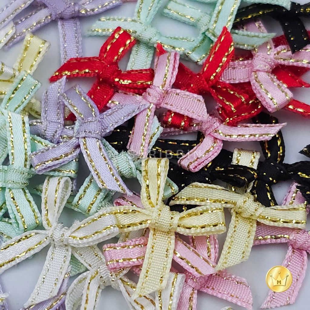 Missribbin Sale!!!! โบว์จิ๋วผูกซาตินขอบทอง 5 มม โบว์จิ๋วตกแต่งของชำร่วย