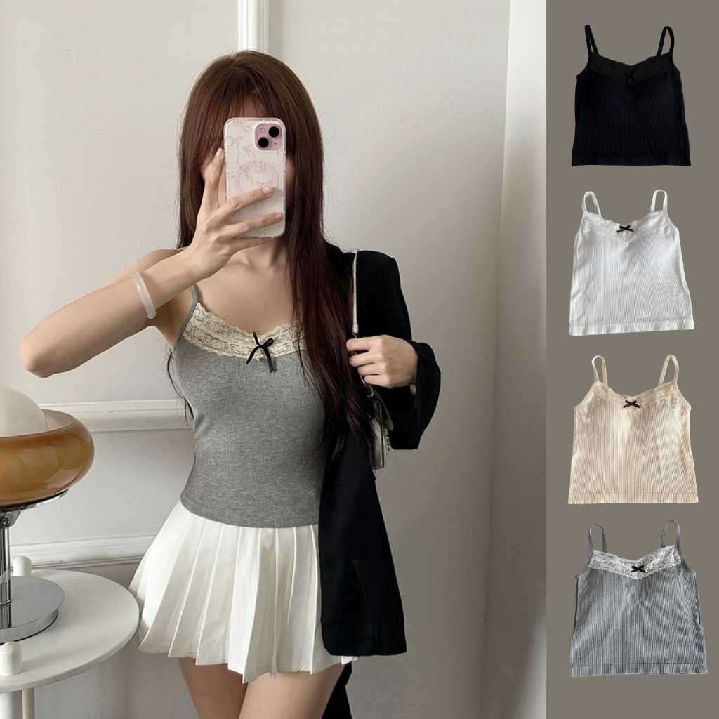 เสื้อสายเดี่ยวสไตล์เกาหลี B-080 มีให้เลือกหลากหลายสี แต่งขอบด้านหน้าเป็นลูกไม้มีโบว์เล็กๆด้านหน้า