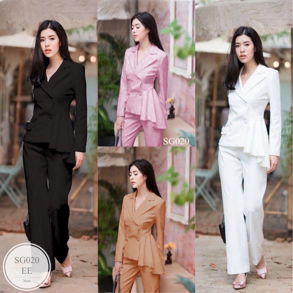 SG020 Set 2 ชิ้น เสื้อสูทแขนยาว กระดุมหน้า ปล่อยชายระบาย1ข้าง มาพร้อมกางเกงเข้าชุด