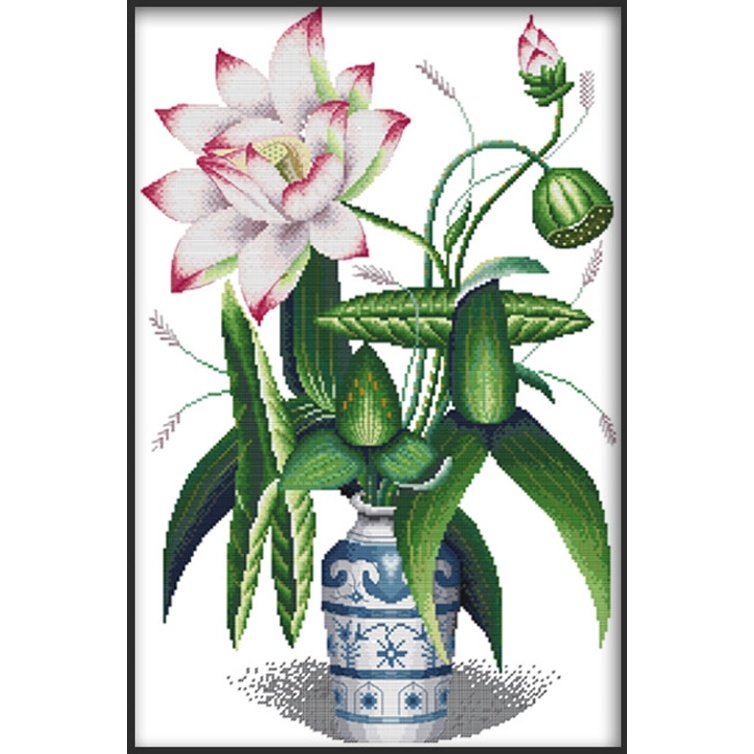 ชุดปักครอสติชพิมพ์ลาย แจกัน ดอกบัว ดอกไม้ (Lotus porcelain cross stitch kit)