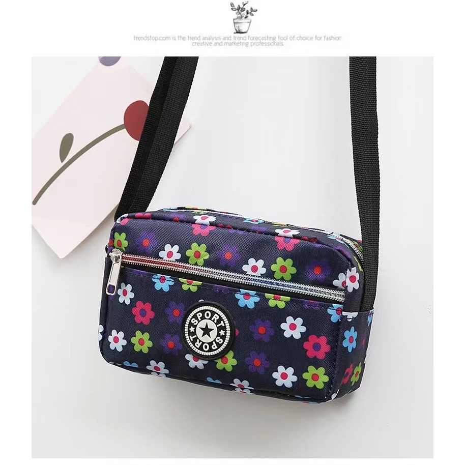 กระเป๋าสะพายข้าง ใส่โทรศัพท์ได้ มีลายดอกไม้ สวยๆ 2ซิป ยาว18*11*6
