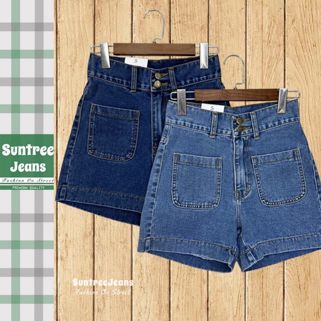 SuntreeJeans มีบิ๊กไซส์ S-6XL กางเกงยีนส์ขาสั้นผู้หญิง เอวสูง แต่งกระเป๋าด้านหน้า ยาว 14 นิ้ว