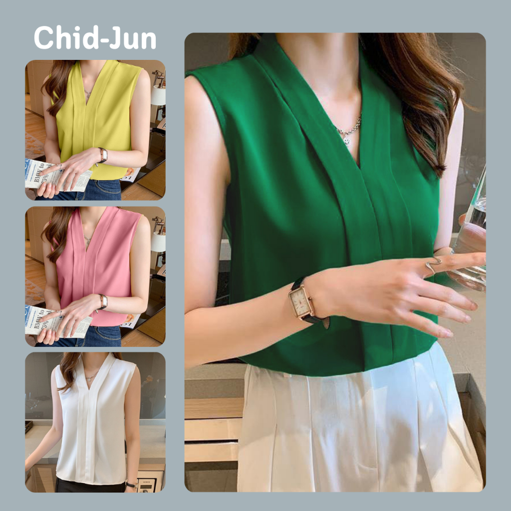 เสื้อแขนกุด ขอบคู่ เสื้อทำงานคอวี เกาหลี อก 32-42”พร้อมส่ง