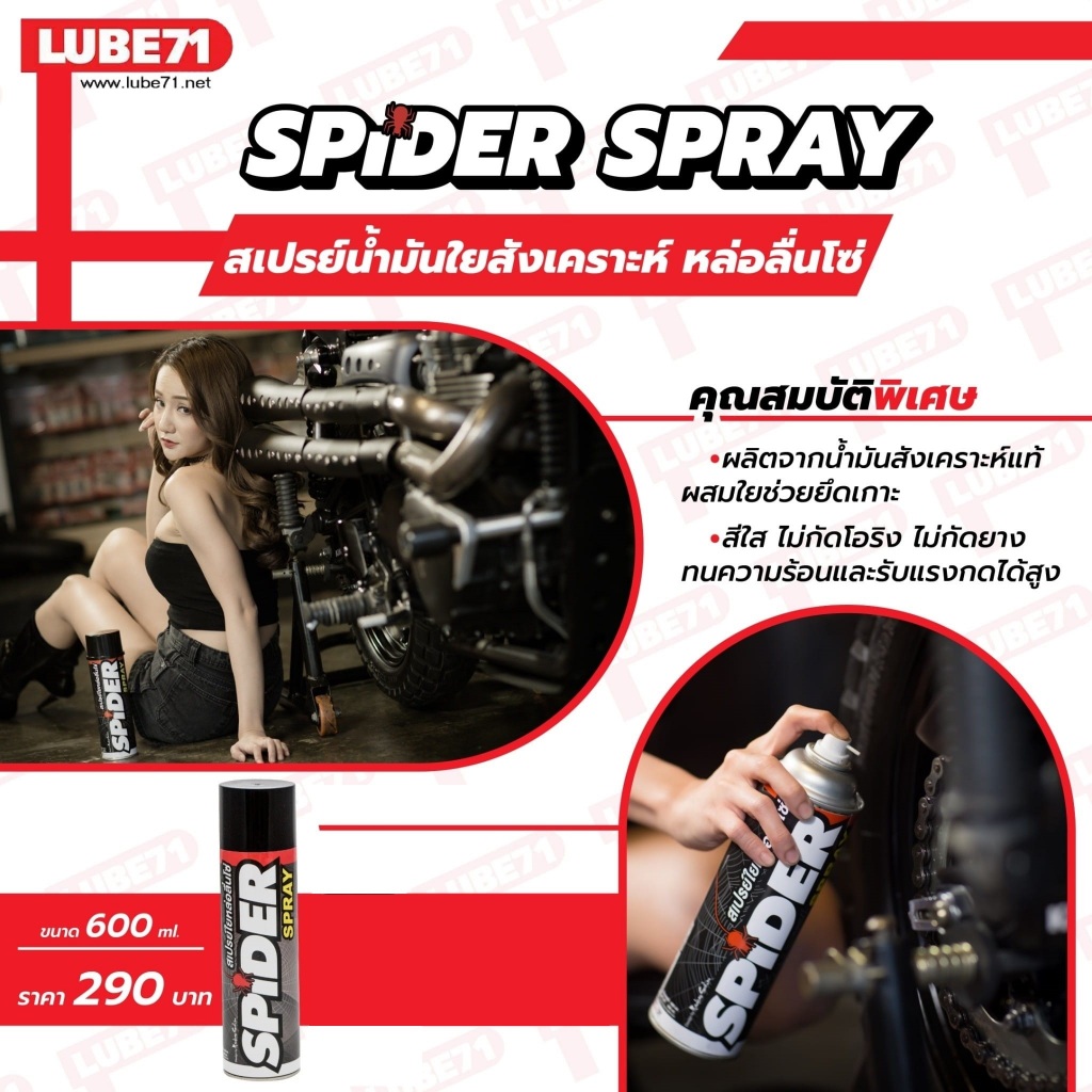 LUBE71 SPIDER Spray สเปรย์น้ำมันใยสังเคราะห์หล่อลื่นโซ่ ขนาด 600 มล.ช่วยในการหล่อลื่นโซ่แทรกซึมตามข้อโซ่ได้ดี