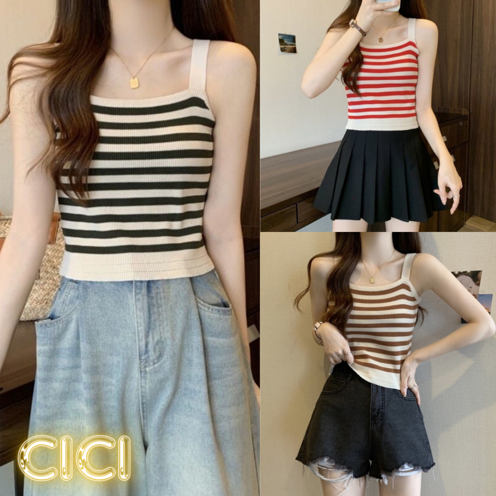 Cici(NO.91011)เสื้อกล้ามครอปไหมพรม ลายทาง ผ้ายืด เเมทซ์ได้ทุกลุค