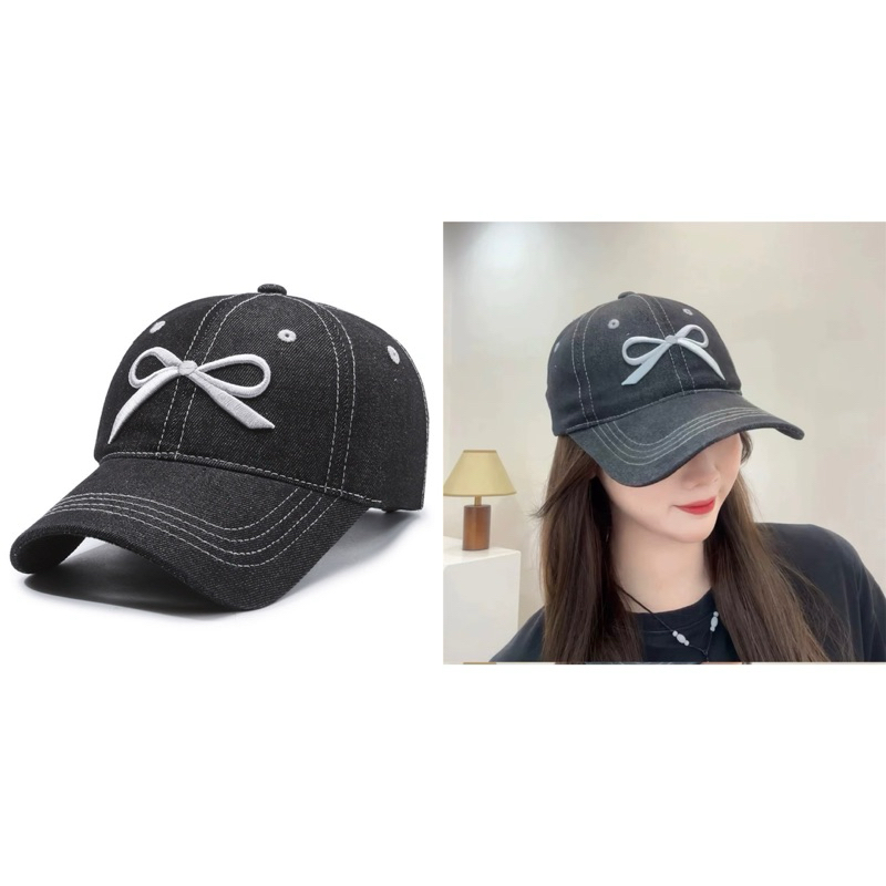 (EH) หมวกแก๊ปยีนส์ กันแดด cap (ปักโบว์) รูปที่ 3