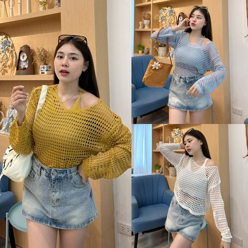 🌈SpinnyHouse🌈ชุดเซ็ต2ชิ้น เสื้อกล้าม+เสื้อคลุมตาข่าย ผ้ายืด สาวอวบใส่ได้ 💗 ใส่เที่ยวทะเล บางใส่สบายไม่คัน รุ่น โปรตีน