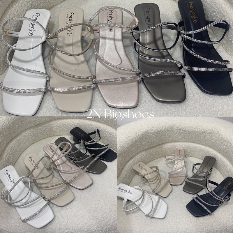 รองเท้าไซส์ใหญ่ 41-45 ส้นสูง สายคาดเพชรกลมz คล้องหลัง ส้น2นิ้ว (เท้าอวบบวกไซส์)