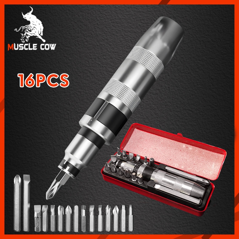 Muscle Cow ไขควงตอกกระแทก พร้อมดอกไขควง 16 ดอก เกรดเหล็ก CRV แท้ ใช้ขันน็อต-คลายน็อต สกูร ที่ขันแน่น บรรจุในกล่องเหล็กอย
