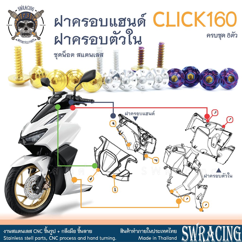 CLICK160 น็อตเลส ยึดฝาครอบแฮนด์ ยึดฝาครอบตัวใน (ชิ้นหน้า) ครบชุด 8 ตัว น็อตสแตนเลส ราคาขายต่อ 1 ชุด งานเฮงสกรู