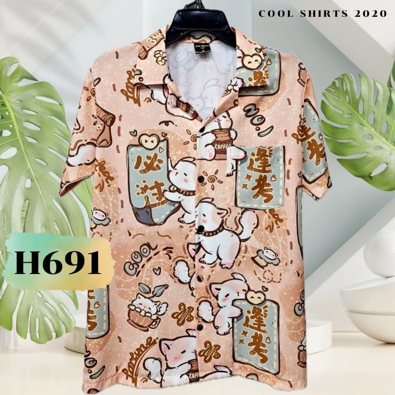 เสื้อฮาวาย ผ้าใหม่อิตาลี น้องหมากาแฟ H691