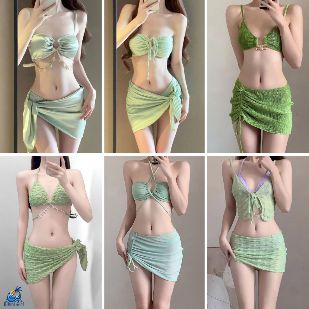 Bikini Girl ชุดว่ายน้ำ3ชิ้น ซีรีส์สีเขียว หลากหลายสไตล์ มาพร้อมแผ่นรองหน้าอก ส่งไวจากไทย1-3วัน （绿色）