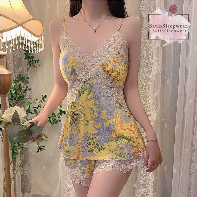 SatinSleepwear🌻🌻ชุดนอนลูกไม้เซ็กซี่ ชุดนอนลายดอก เซ็ตสองชิ้น🌾🌾 ลูกไม้ลายดอกทานตะวัน หลวม ใส่สบาย H9168