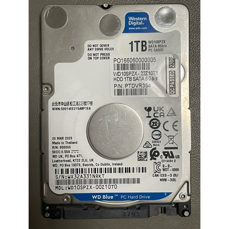 ฮาร์ดดิสก์ 1 TB HDD (NOTEBOOK) WD BLUE (5400RPM, SATA-3, WD10SPZX)