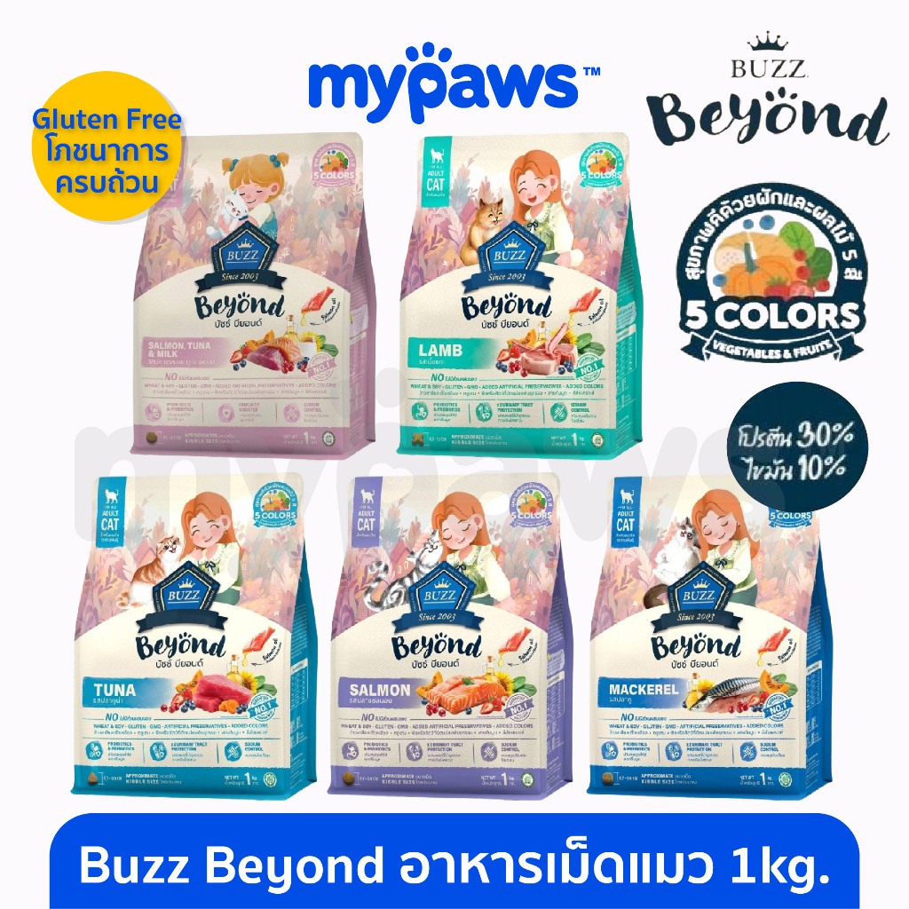 [ MYPAVMDML]My Paws Buzz Beyond อาหารแมว กลูเตนฟรี สำหรับแมวทุกสายพันธ์ ขนาด1kg เพิ่มโปรตีน เพิ่มผลไม้ ไม่มีผลพลอยได้จาก