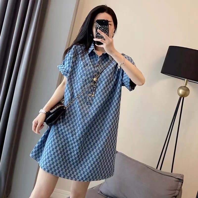 elegant-TXS013-176 เสื้อผ้าแฟชั่นผู้หญิง ชุดเดรสสั้น ลายตาราง ไซส์ M-4XL