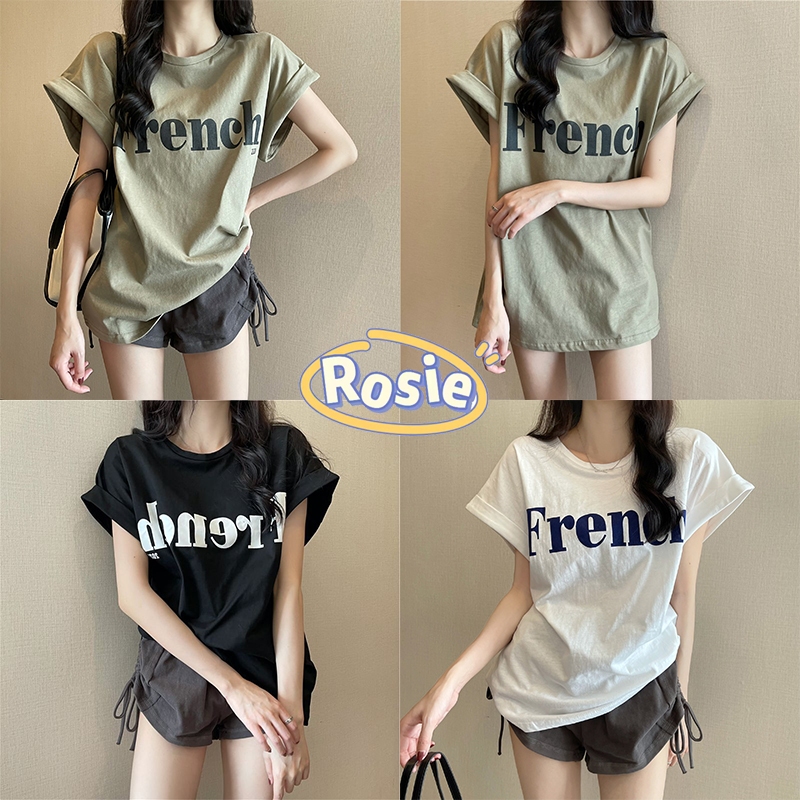ROSIE พร้อมส่ง เสื้อยืด แขนสั้น แขนกล้าง คอกลม ลายตัวหนังสือ เสื้อผ้าแฟชั่นเกาหลี เสื้อโอเวอร์ไซส์ผู้หญิงน่ารัก